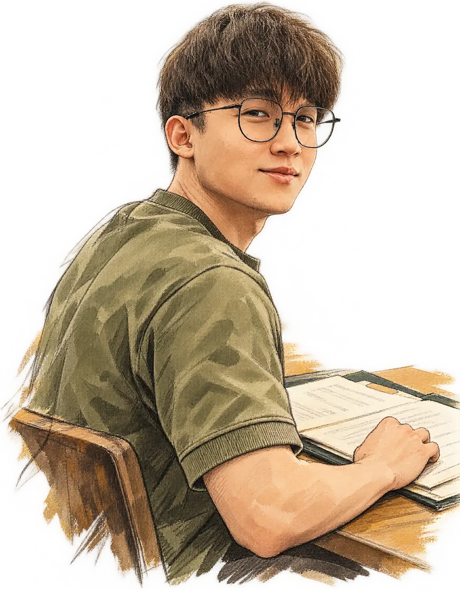 Illustration of Huy at his desk, turning to a client
