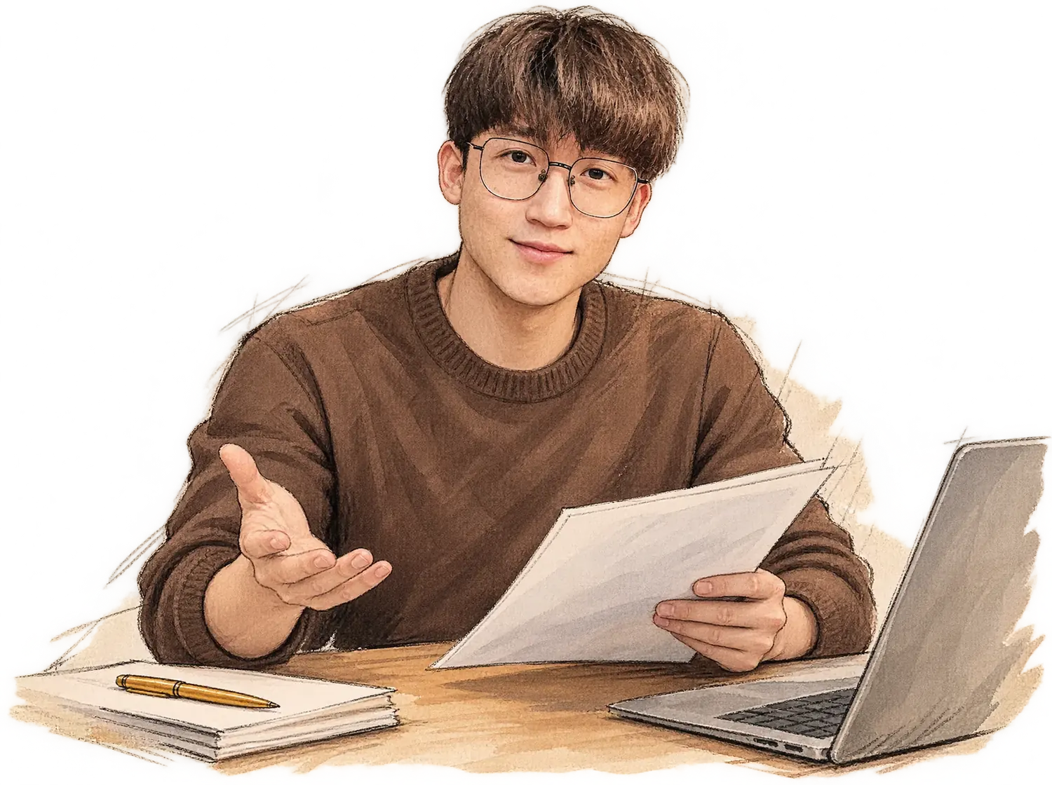 Illustration of Huy explaining a document at his desk