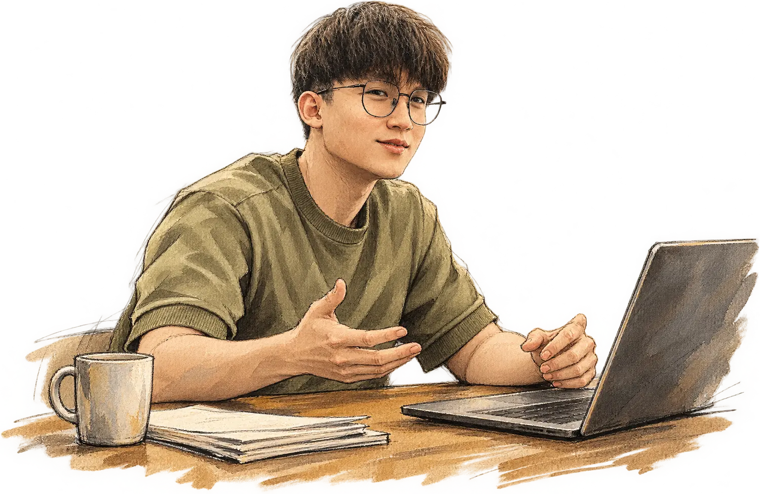 Illustration of Huy explaining a file to a client